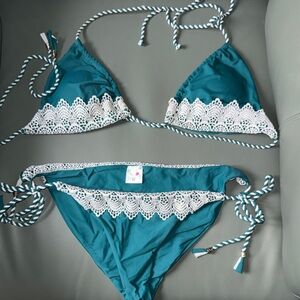 Teal and White Lace Trim Bikini Set